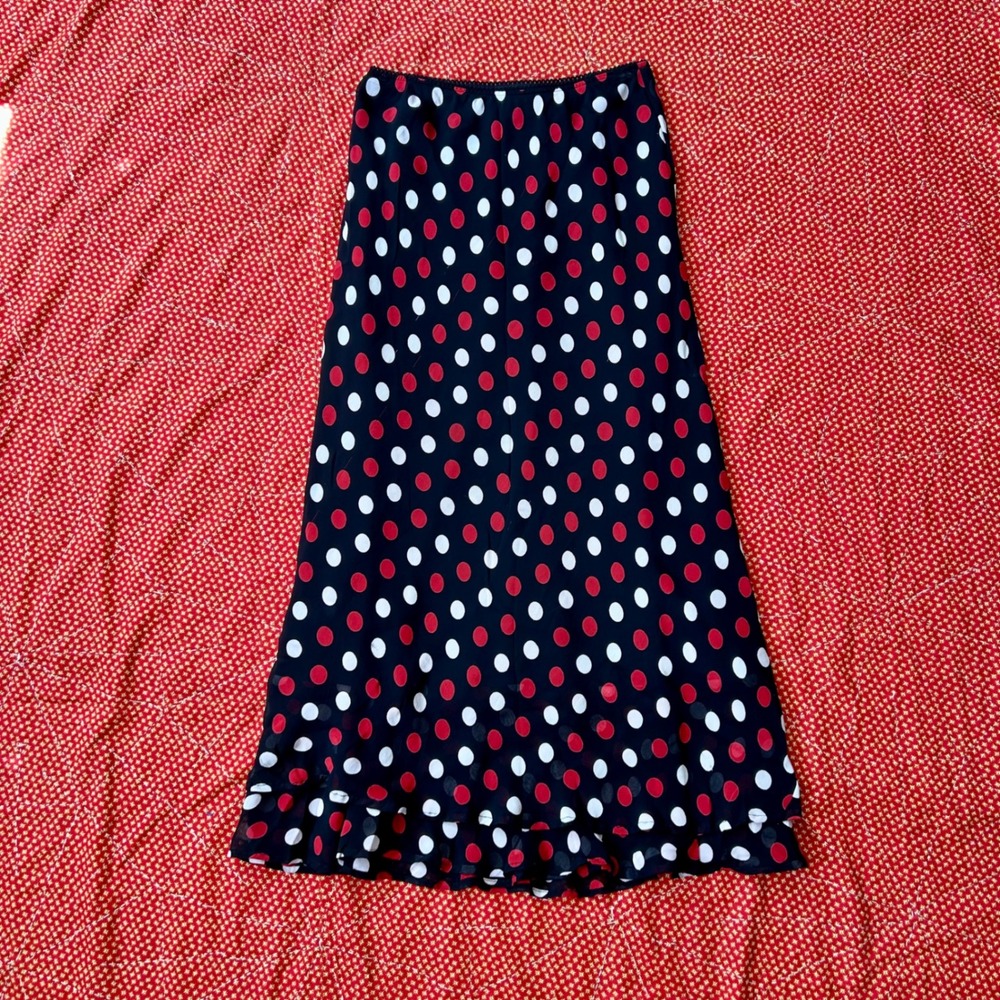 Vintage 2000s Polka Dot rayon maxi Skirt Black Red White